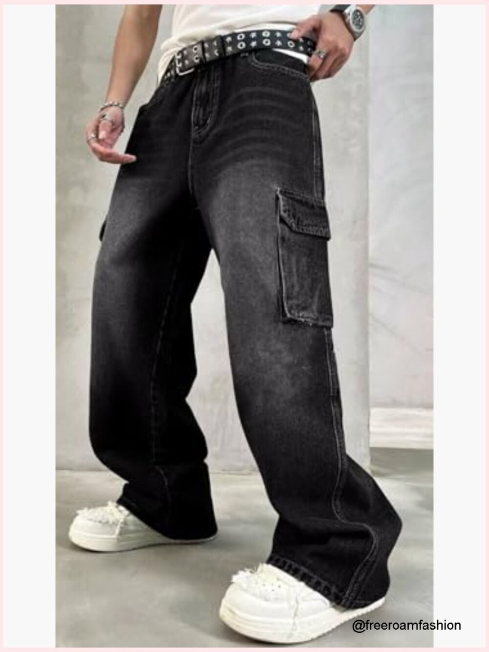 Baggy Cargo Jeans Y2K Skater Wide Leg Denim Pants Loose Fit Unisex - Picture 6 of 7